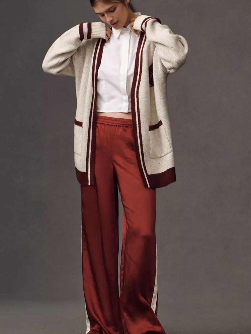 Anthropologie Cream and Burgundy Football-Accent Cardigan - Picture 3 of 4